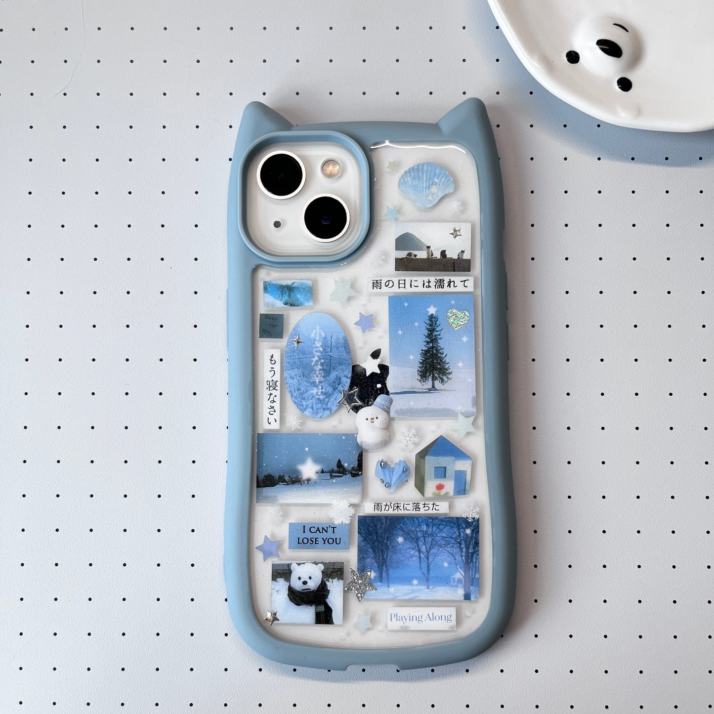 Blue Cat Ears Snow Man Handmade Dispensing Sticker Phone Case