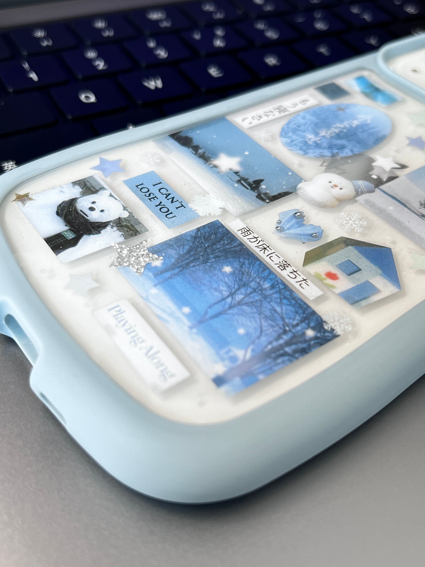 Blue Cat Ears Snow Man Handmade Dispensing Sticker Phone Case