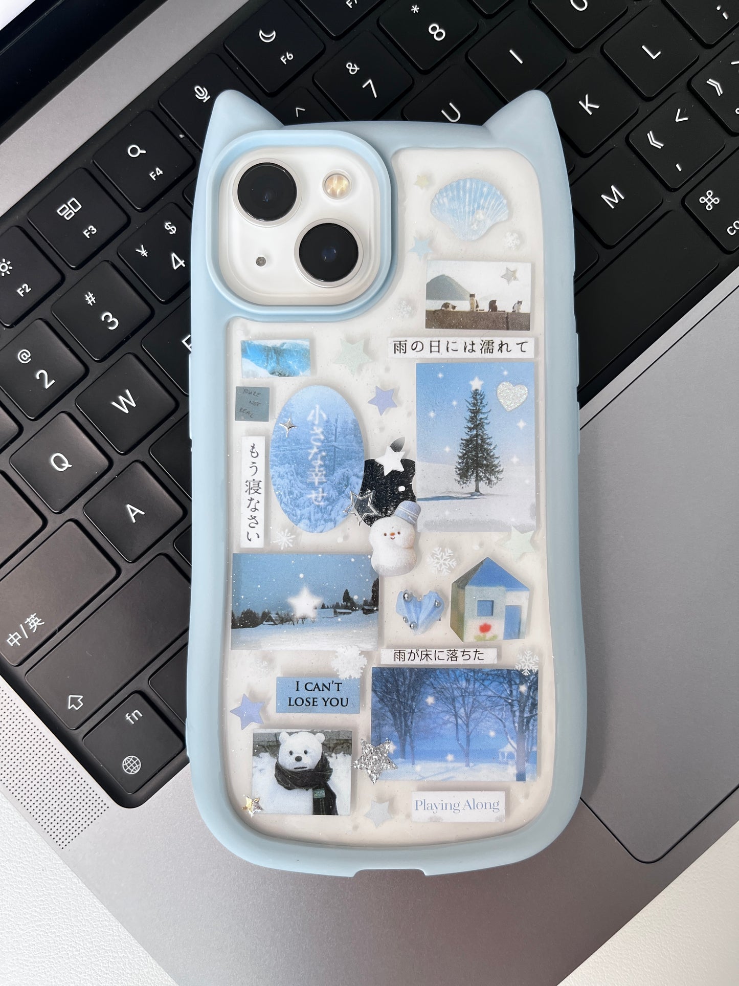 Blue Cat Ears Snow Man Handmade Dispensing Sticker Phone Case