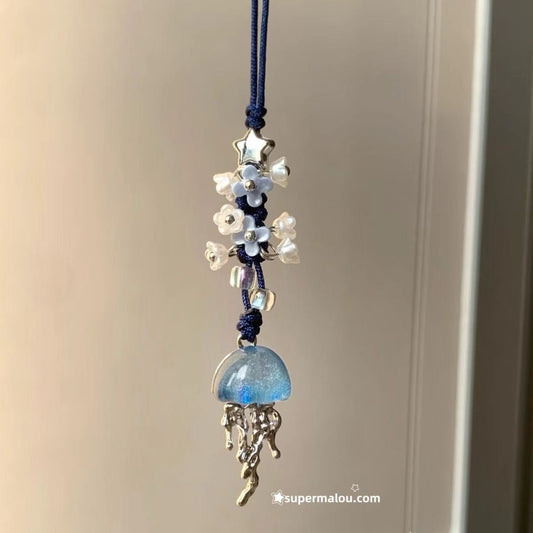 Blue Jellyfish Flower Bead Pendant Phone Chain