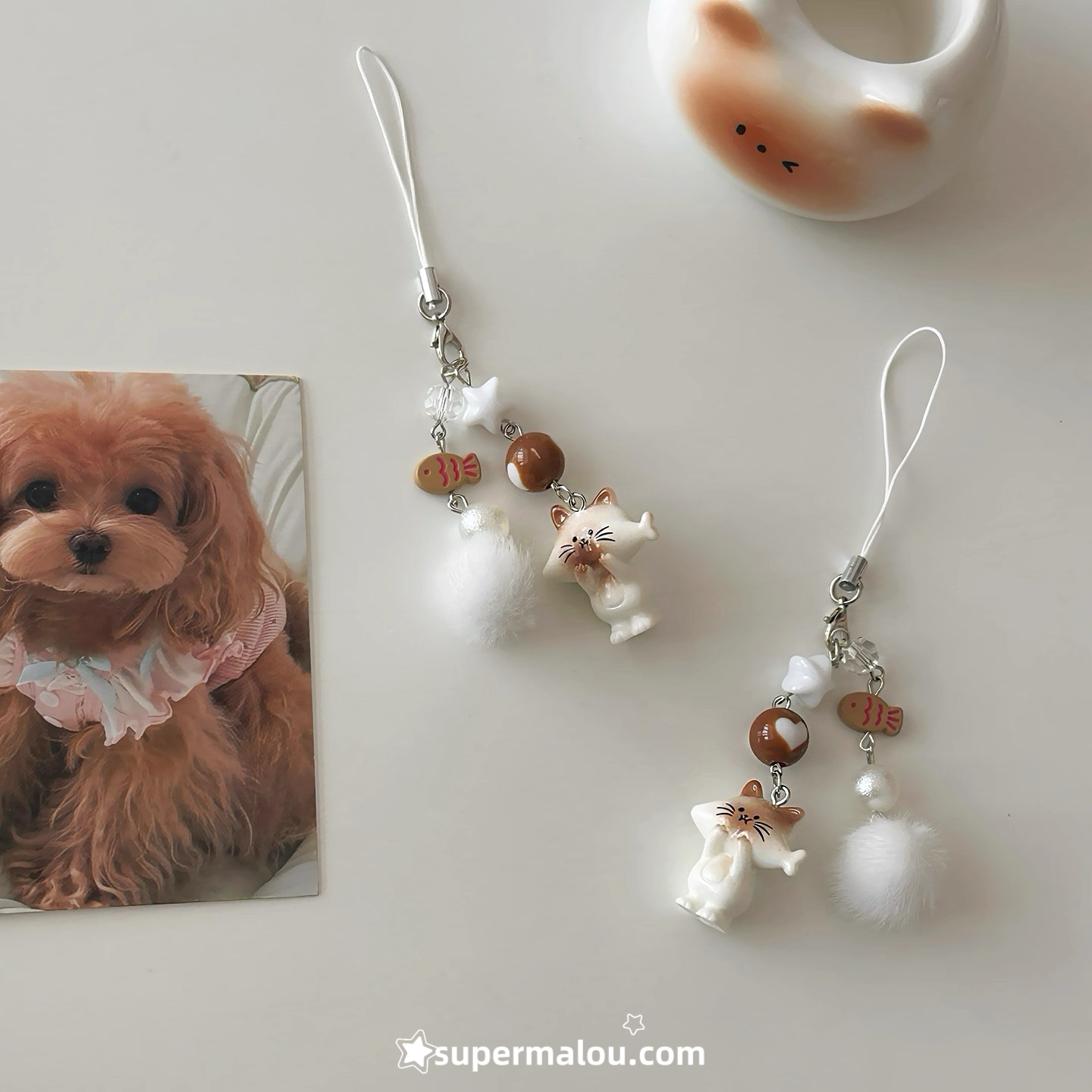 Brown And White Cat Phone Chain