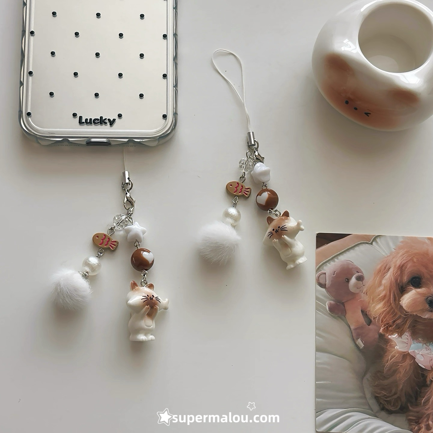 Brown And White Cat Phone Chain