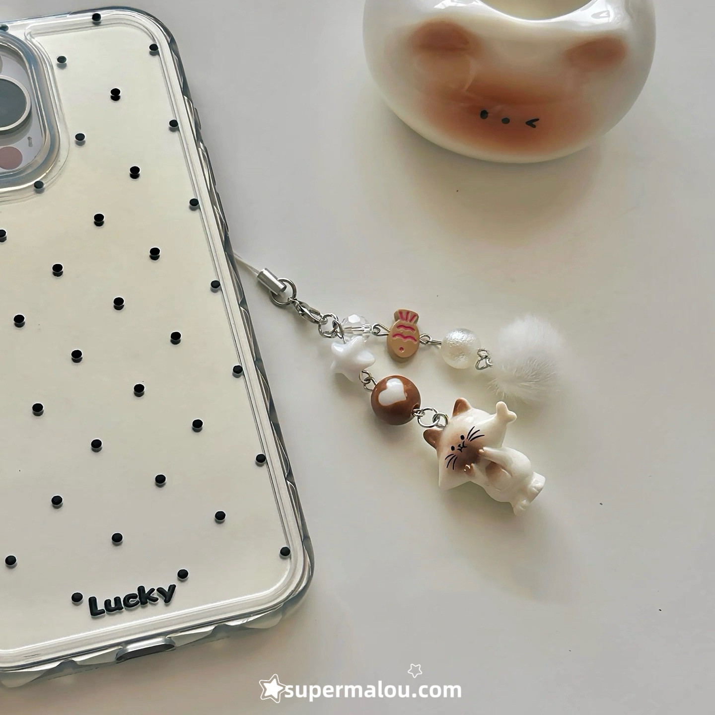 Brown And White Cat Phone Chain