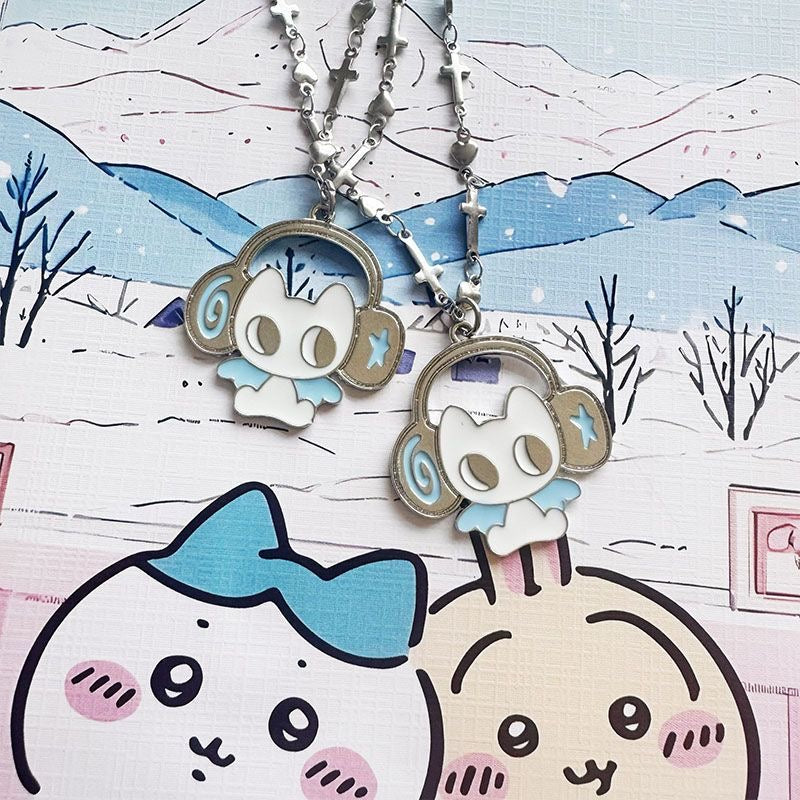 Cat with Headphones Keychain Necklace Phone Chain