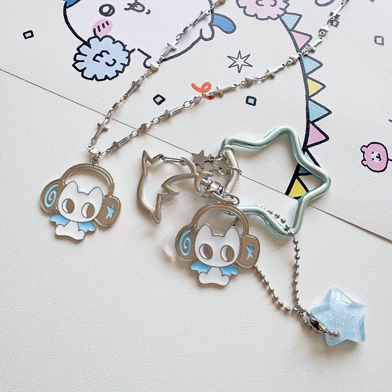 Cat with Headphones Keychain Necklace Phone Chain