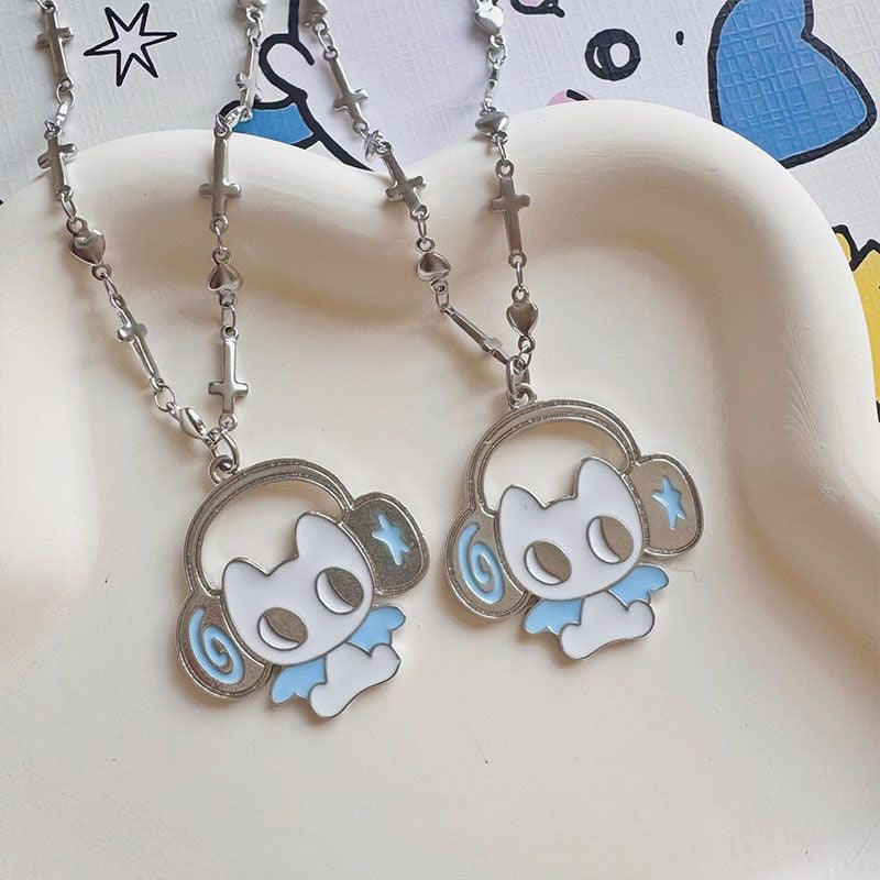 Cat with Headphones Keychain Necklace Phone Chain
