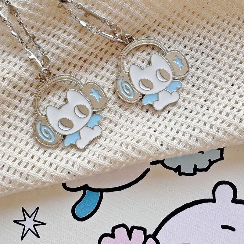 Cat with Headphones Keychain Necklace Phone Chain