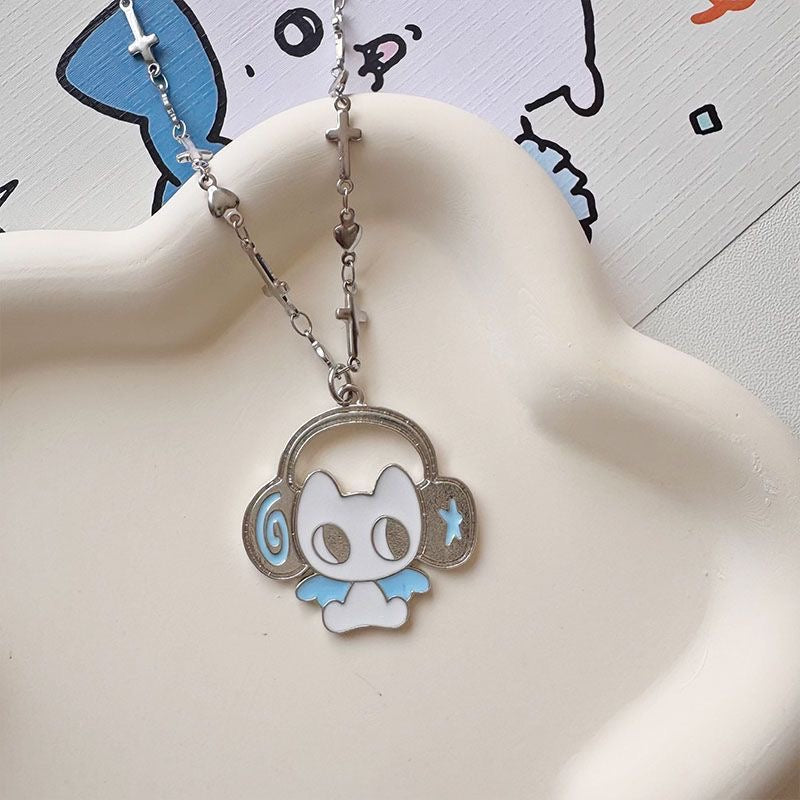 Cat with Headphones Keychain Necklace Phone Chain