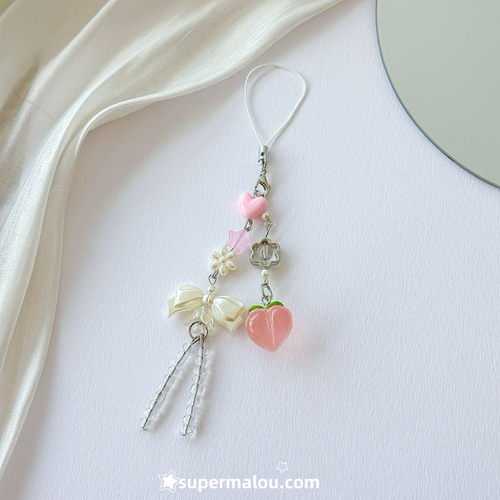 Clear Peach Pendant Beaded Phone Chain Keychain