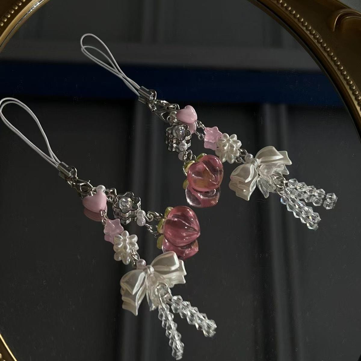 Clear Peach Pendant Beaded Phone Chain Keychain