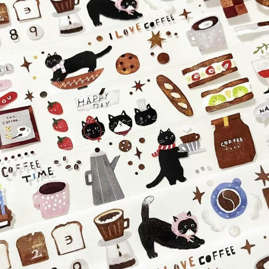 10M Coffee Cat Uncut Film Transparent Sticker Roll