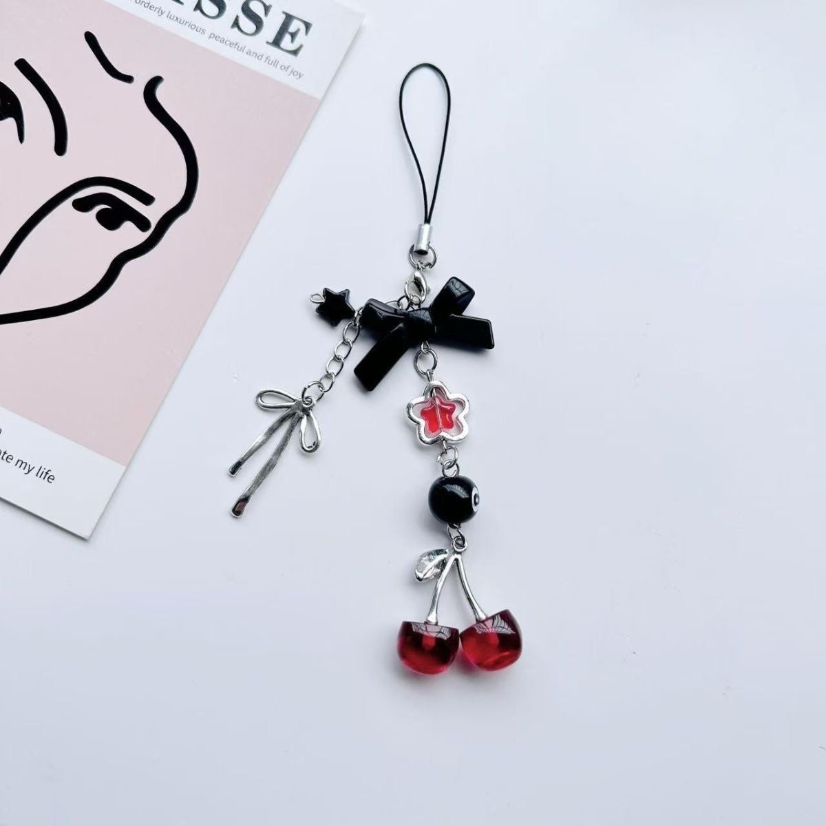 Black and red cherry guitar keychain phone chain