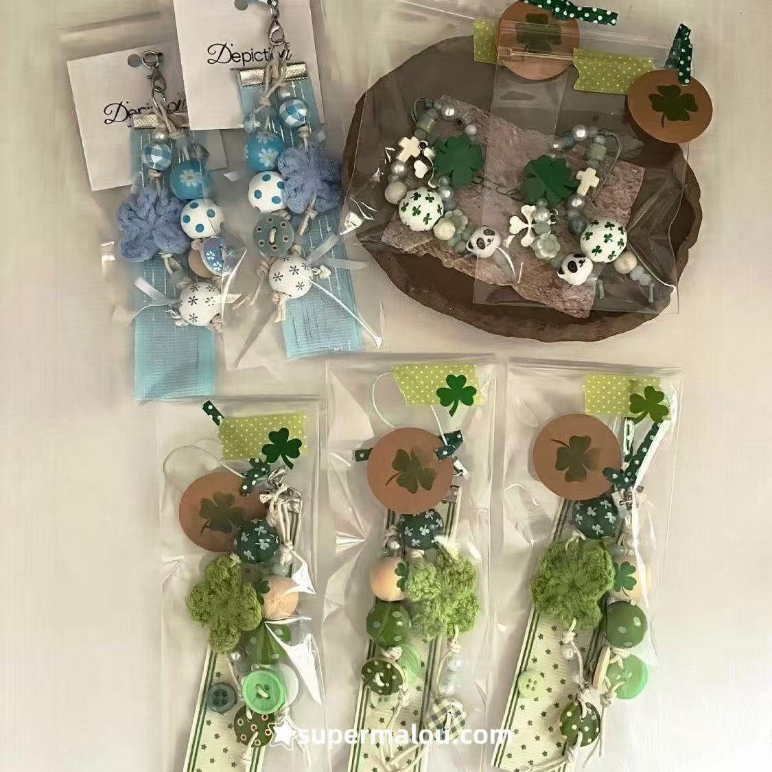Lucky Green And Blue Clover Button Bead Phone Chain