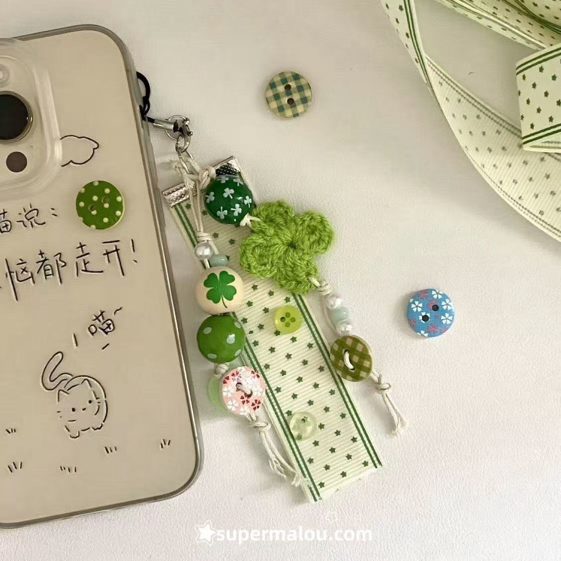 Lucky Green And Blue Clover Button Bead Phone Chain