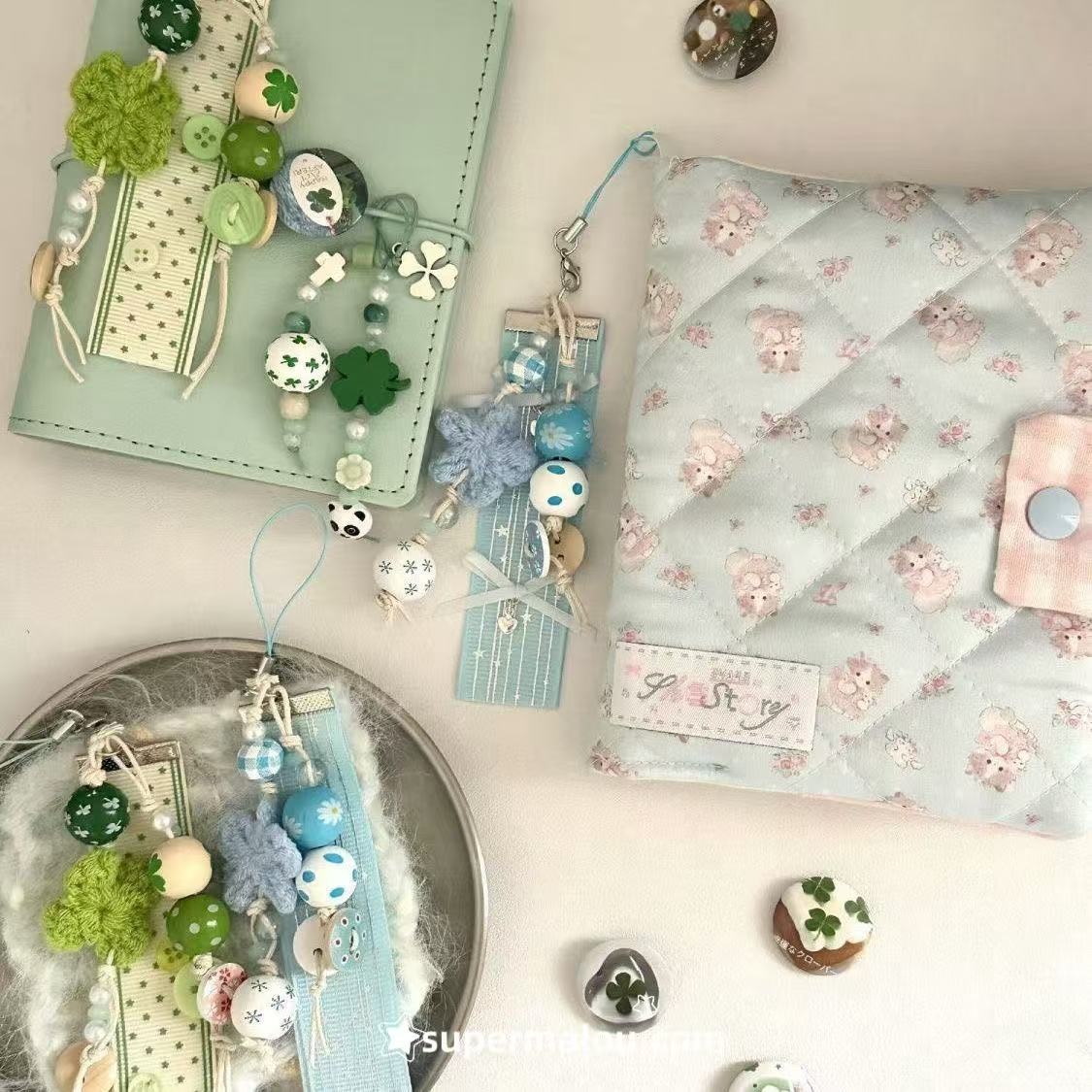 Lucky Green And Blue Clover Button Bead Phone Chain