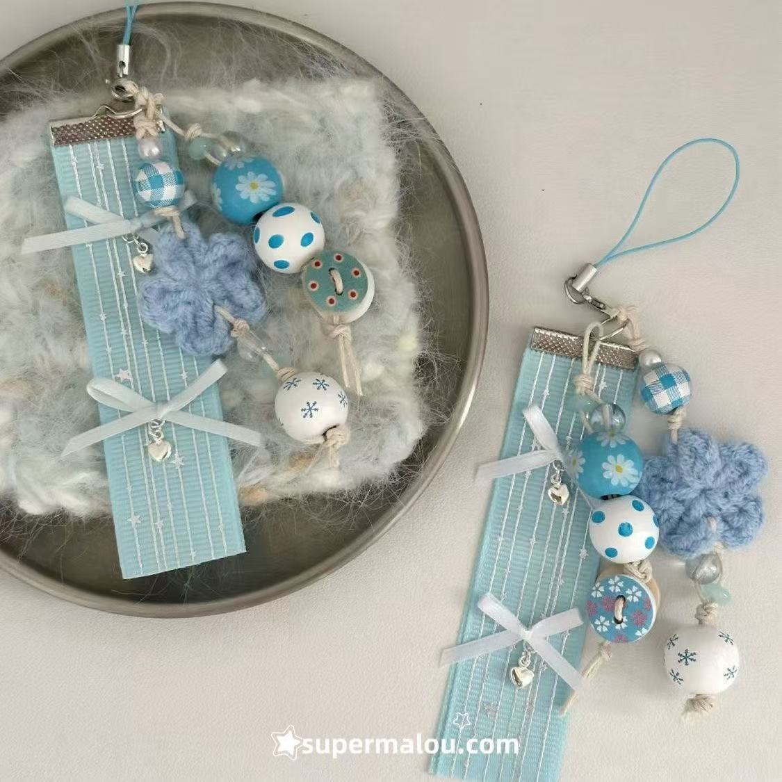 Lucky Green And Blue Clover Button Bead Phone Chain