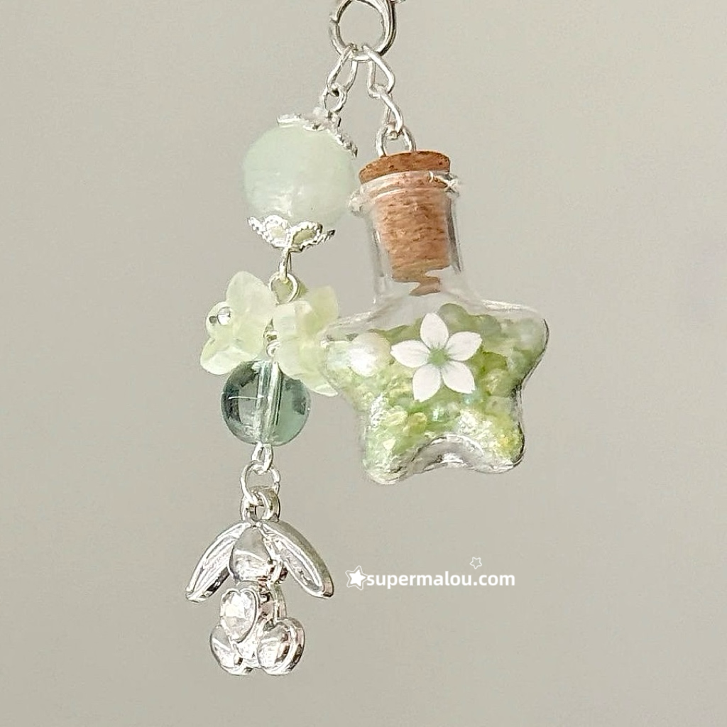 Silver Little Rabbit Cherry Blossom Wishing Bottle Pendant Phone Chain