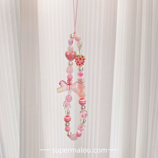Girls Pink Love Strawberry Bowknot Bead Phone Chain