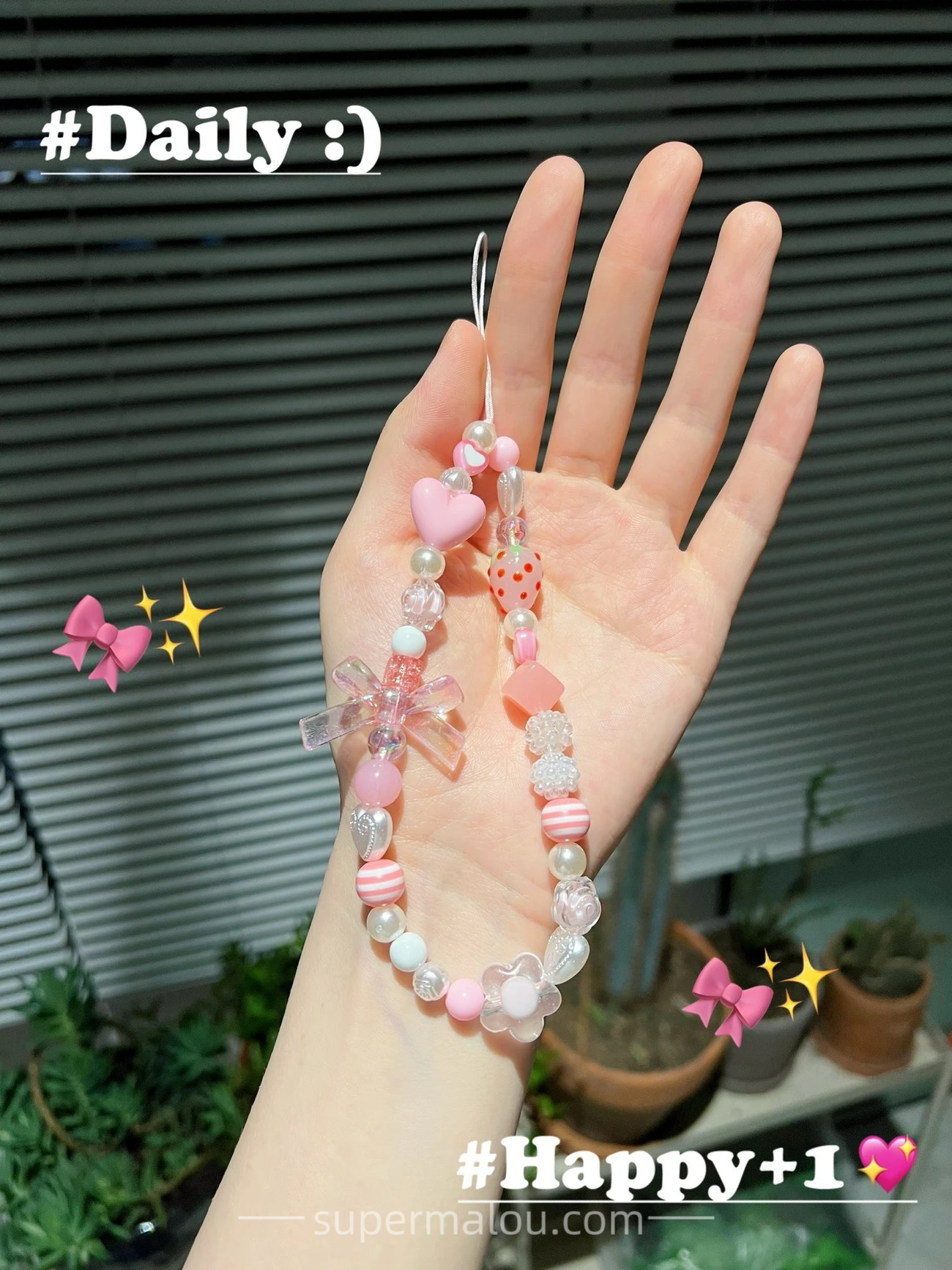 Girls Pink Love Strawberry Bowknot Bead Phone Chain