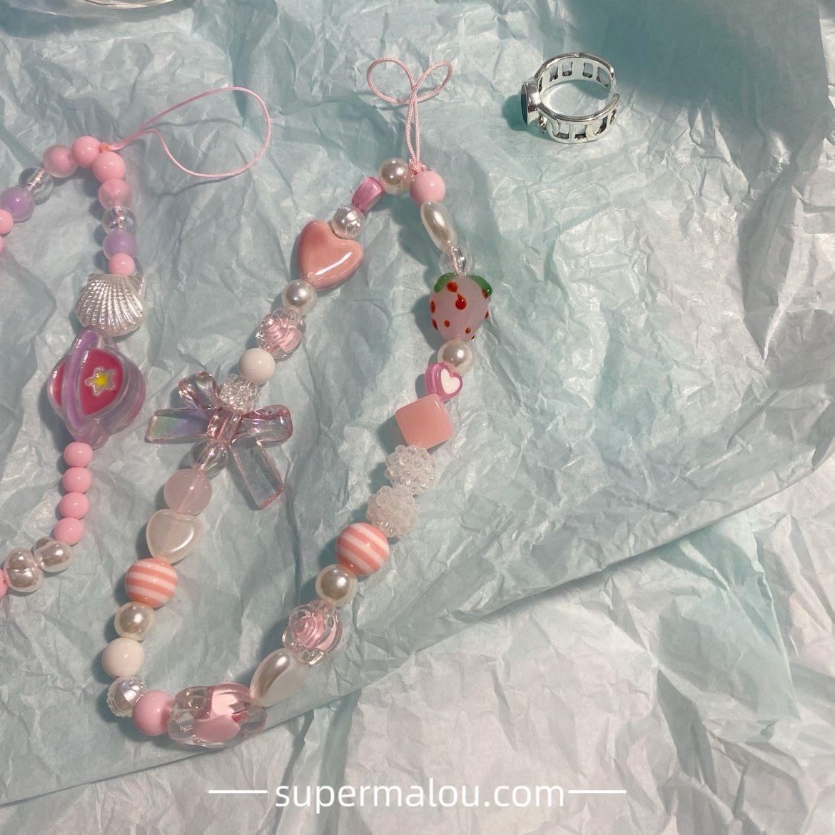 Girls Pink Love Strawberry Bowknot Bead Phone Chain