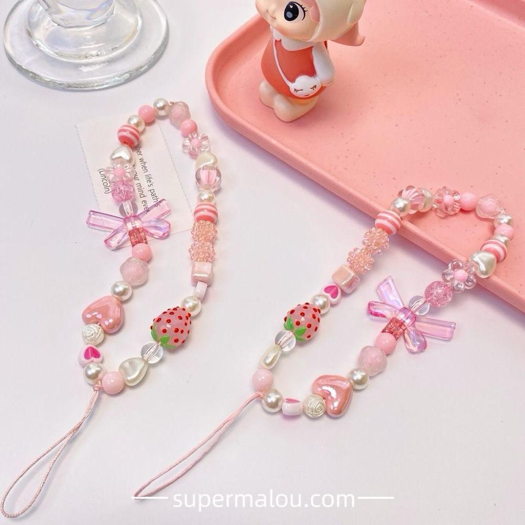 Girls Pink Love Strawberry Bowknot Bead Phone Chain
