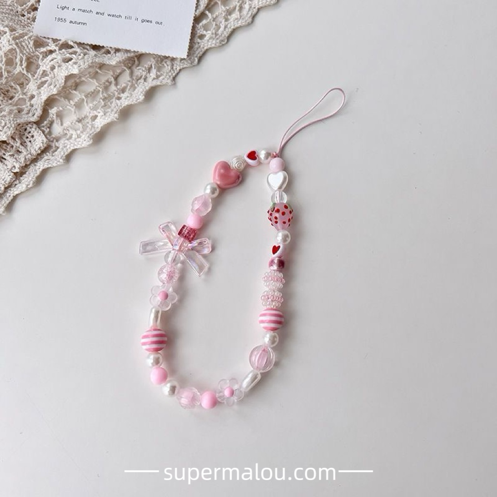 Girls Pink Love Strawberry Bowknot Bead Phone Chain