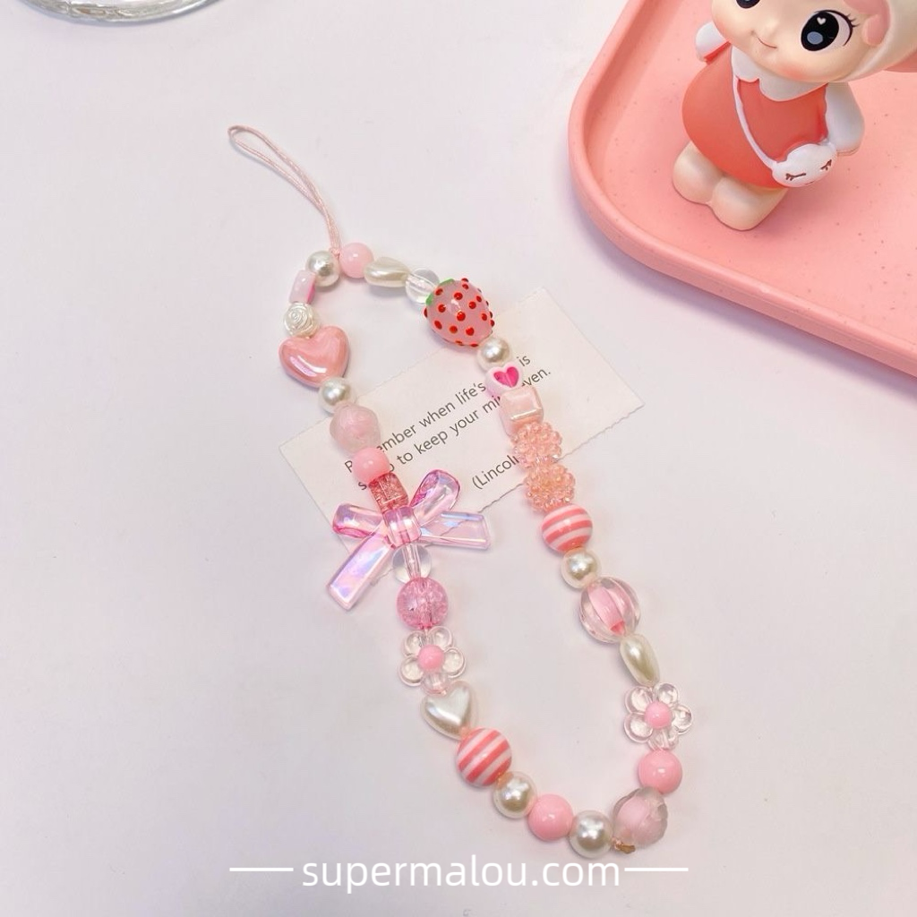 Girls Pink Love Strawberry Bowknot Bead Phone Chain