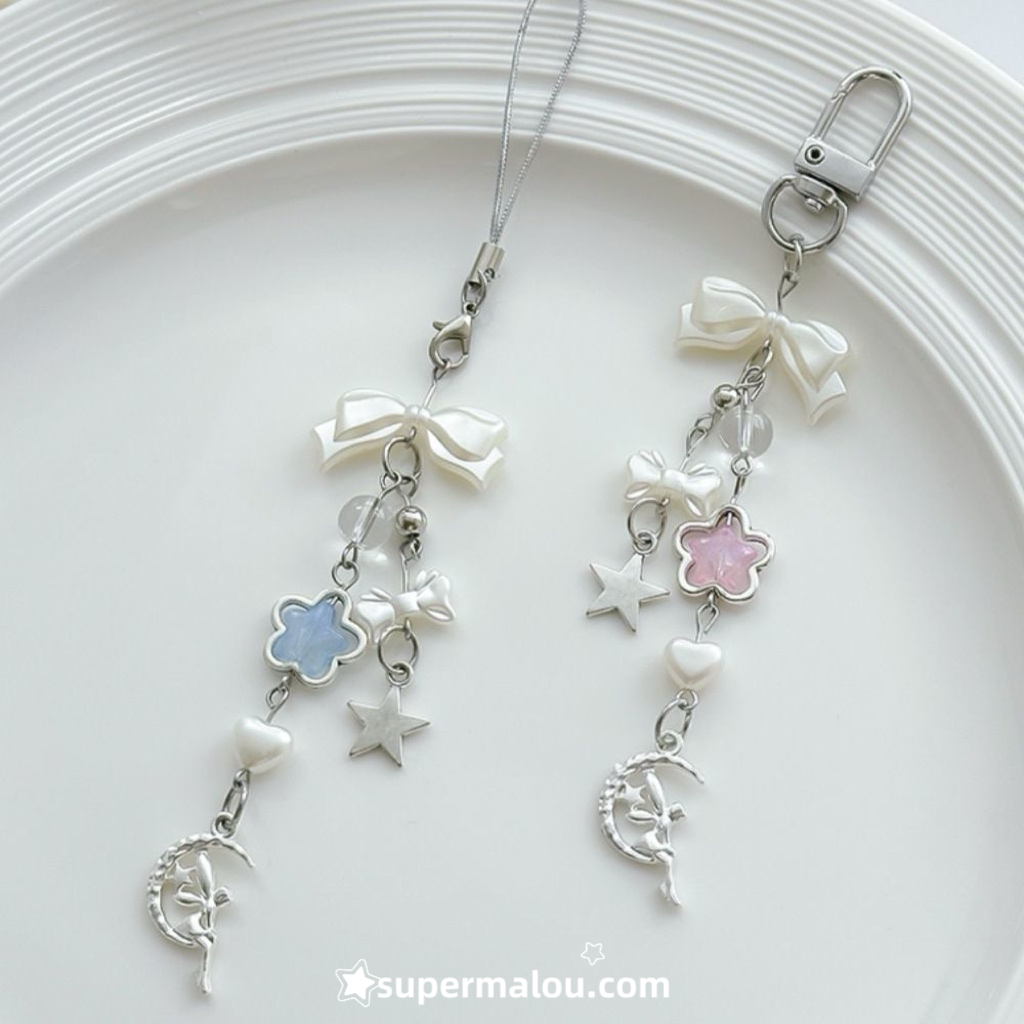 Light Pink Blue Girl Star Bow Keychain Phone Chain