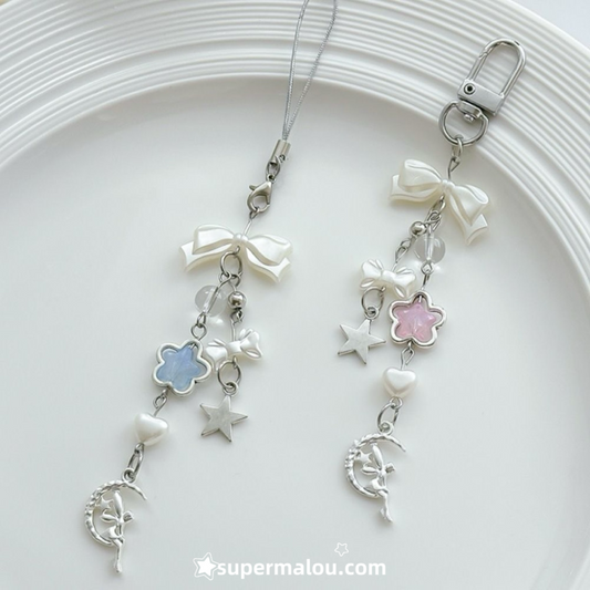 Light Pink Blue Girl Star Bow Keychain Phone Chain