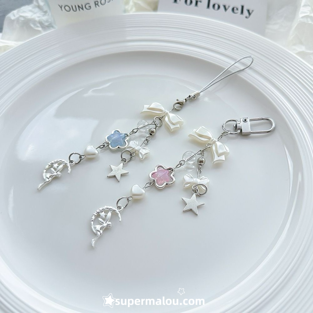 Light Pink Blue Girl Star Bow Keychain Phone Chain