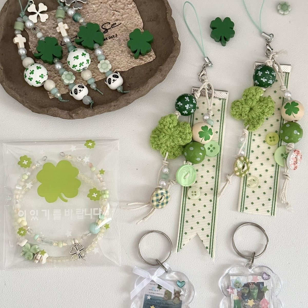 Lucky Green And Blue Clover Button Bead Phone Chain