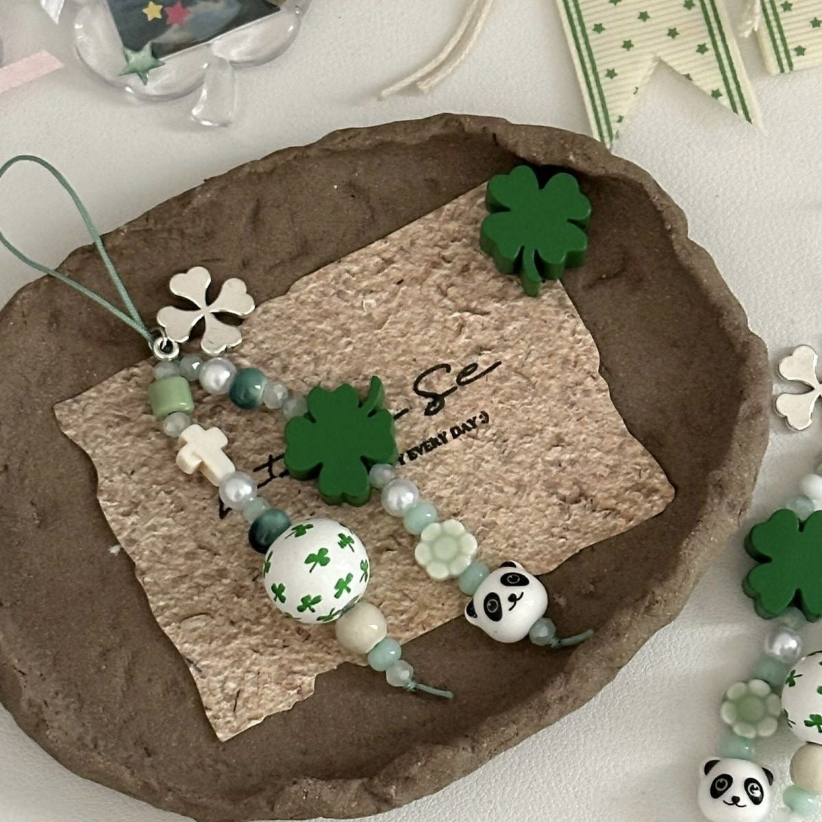 Lucky Green And Blue Clover Button Bead Phone Chain