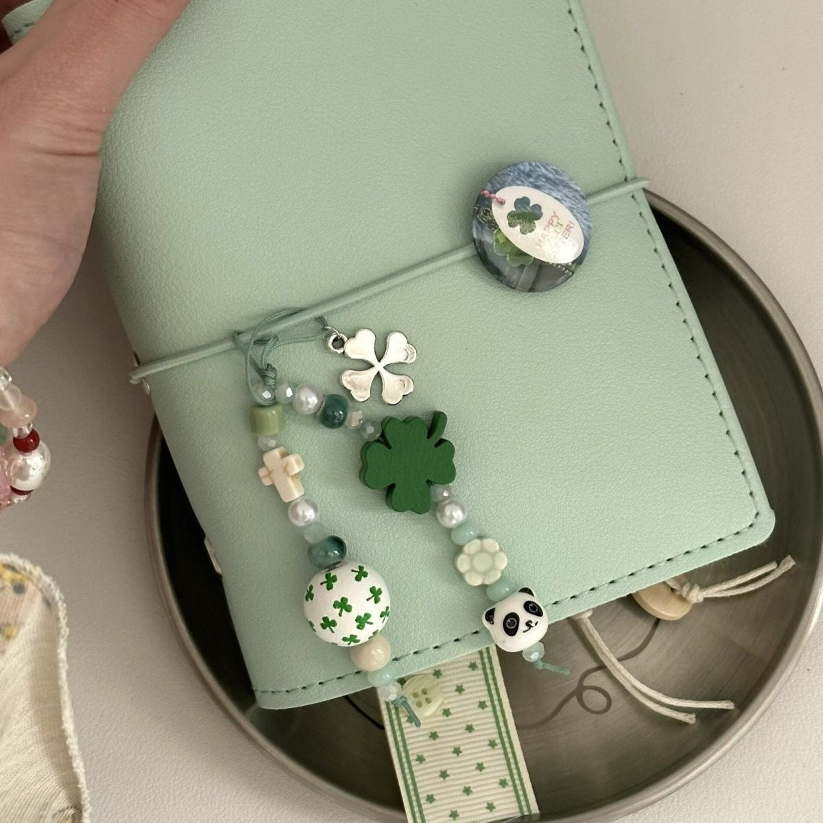 Lucky Green And Blue Clover Button Bead Phone Chain