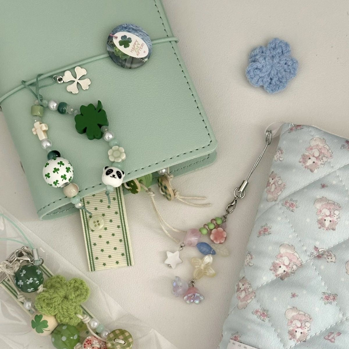 Lucky Green And Blue Clover Button Bead Phone Chain
