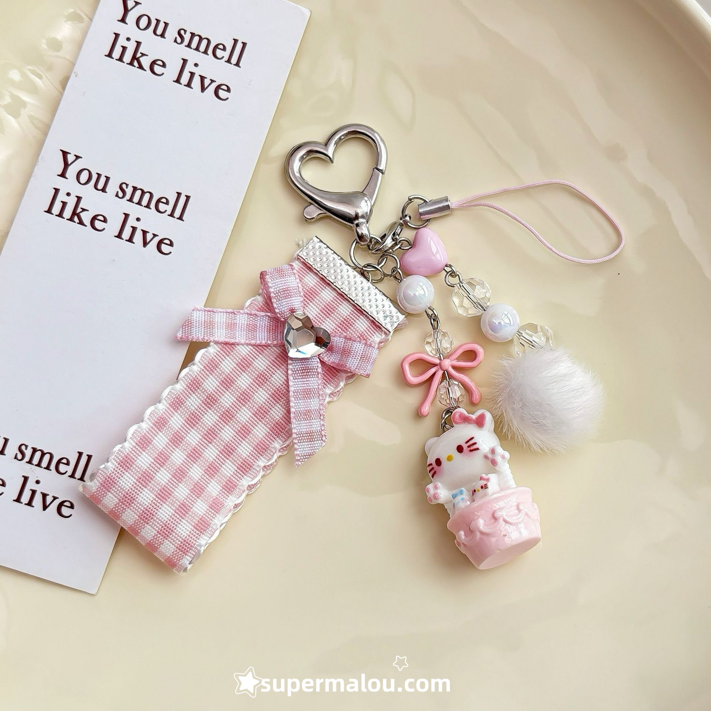 Pink Checkered Kitten Bow  Phone Chain