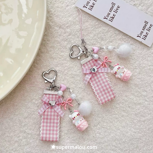 Pink Checkered Kitten Bow  Phone Chain