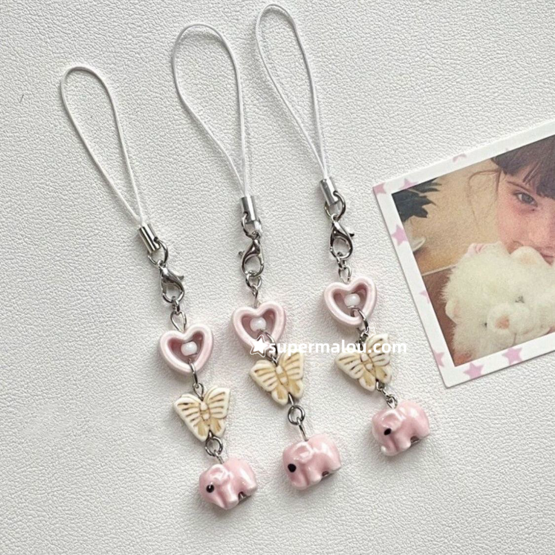 Pink Elephant Butterfly Heart Phone Chain