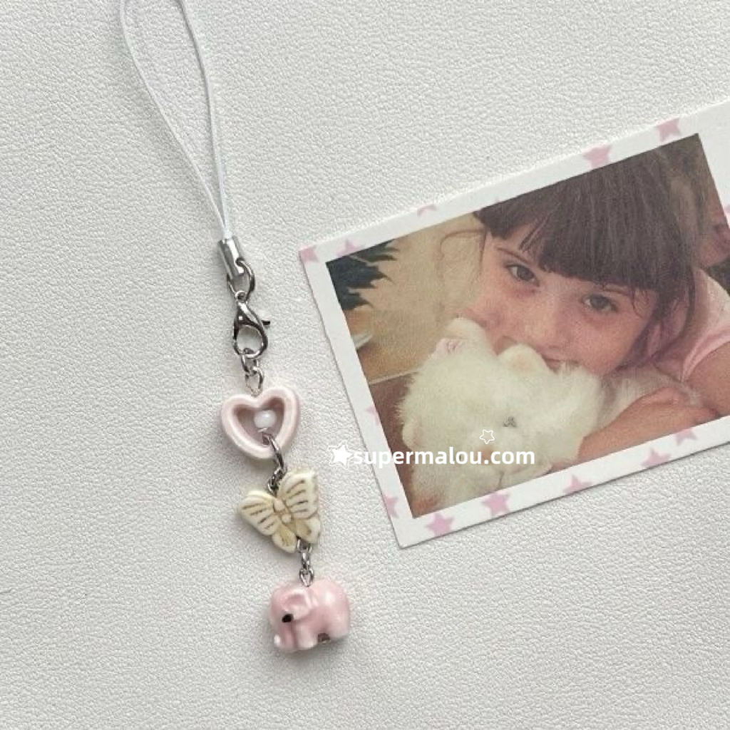 Pink Elephant Butterfly Heart Phone Chain