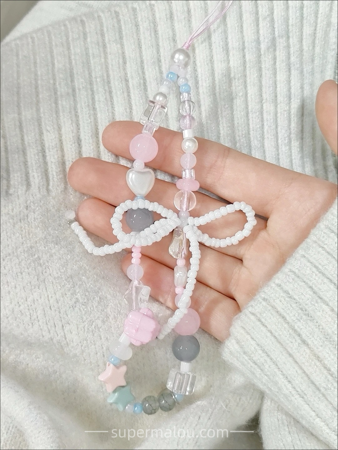 Pink And White DIY Hand Beaded Phone Case Chain Lanyard CCD Camera Pendant Accessories
