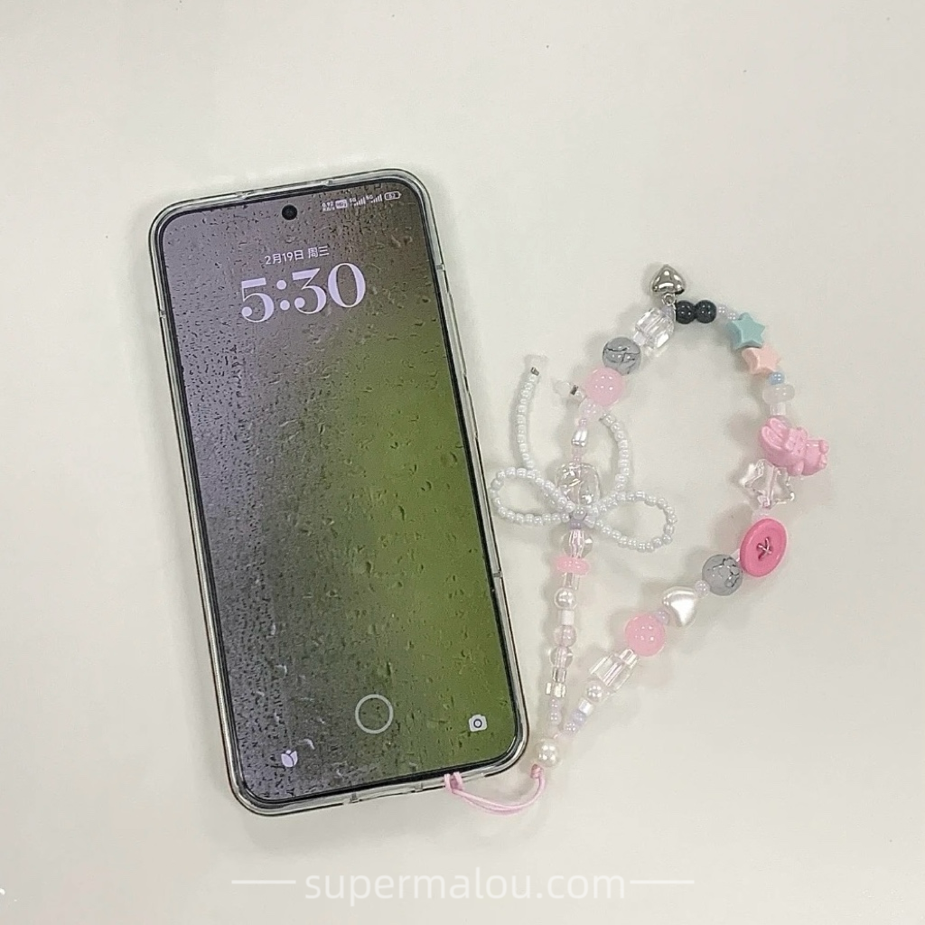 Pink And White DIY Hand Beaded Phone Case Chain Lanyard CCD Camera Pendant Accessories
