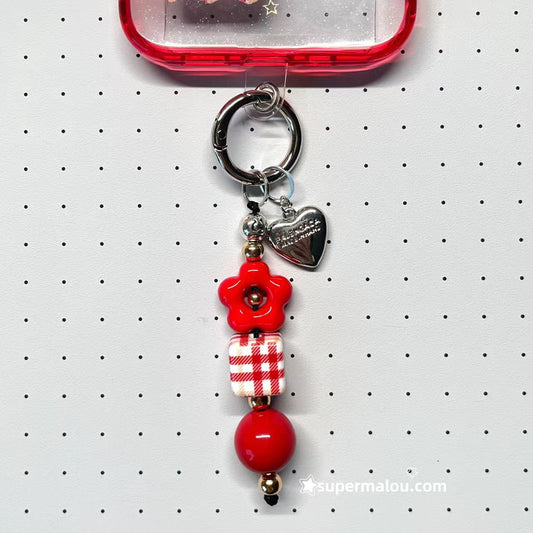 Red Flower Silver Love Phone Chain Keychain (Include Clip)