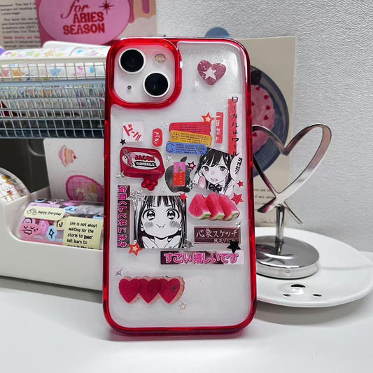 Red Watermelon Cartoon Girl Handmade Dispensing Sticker Phone Case (Only iPhone Case)