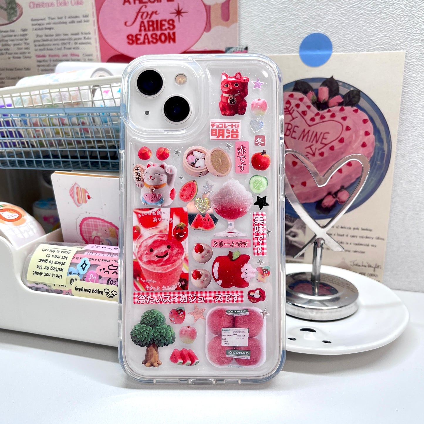 Red Watermelon Water Lucky Cat Handmade Sticker Phone Case Samsung Case