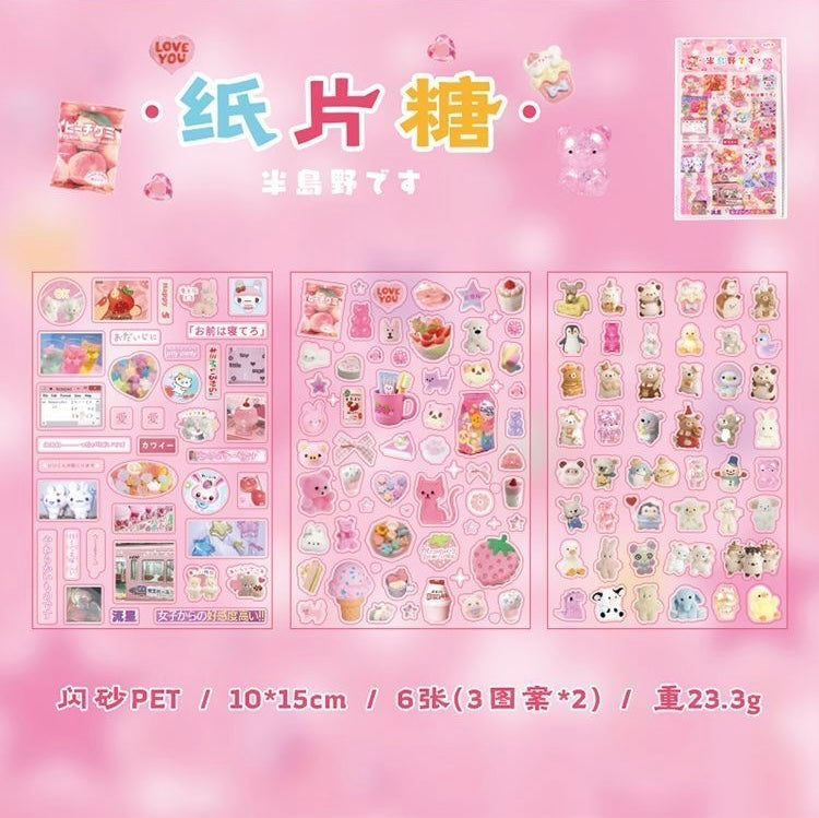 6 Sheets Japanese Stickers Retro Flash Sand PET Scrapbook Waterproof Stickers