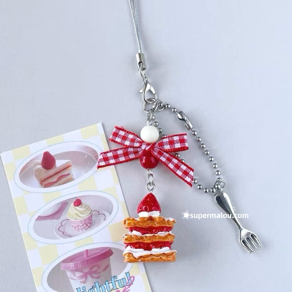 Strawberry Napoleon Cake Bow Pendant Phone Chain